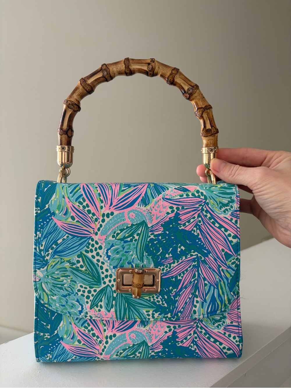 Lilly Pulitzer Teal and Pink Tropical Print Bamboo-Handle Satchel